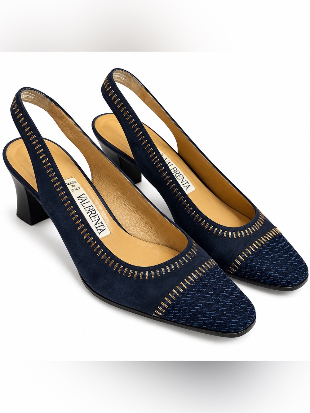 Valbrenta Made in Italy Navy Blue Suede Leather Slingback Heels Size 39 Vintage